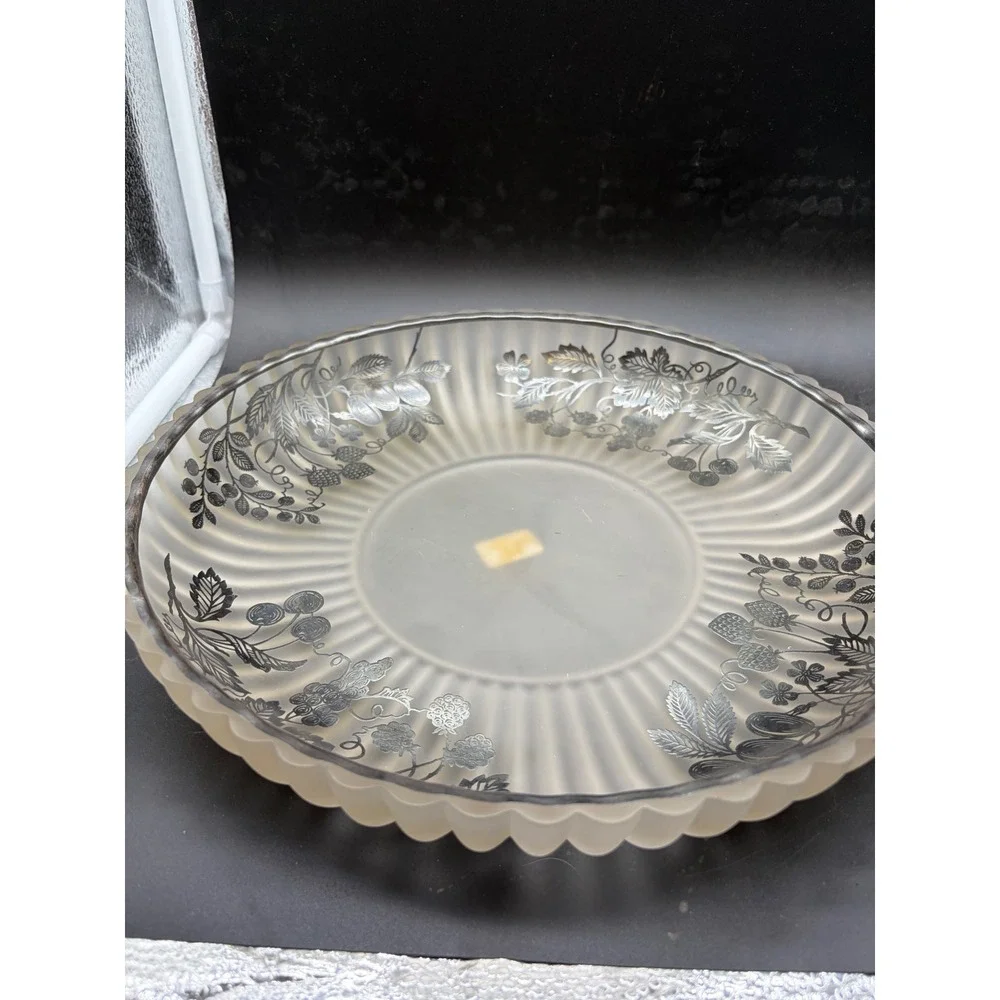 Vintage Frosted Glass Bowl Silver Overlay Berry Vine Scalloped Ribbed Serving